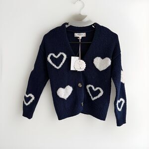 Pink Rose Girl Childs Button Cardigan Navy Blue White Hearts Size Large 14 NWT